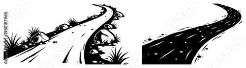 Winding road landscape silhouette set with curving path stones and grass representing journey way and travel concepts