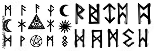 Norse runes and occult mystical symbols set with all seeing eye moon sun and pentagram for esoteric design