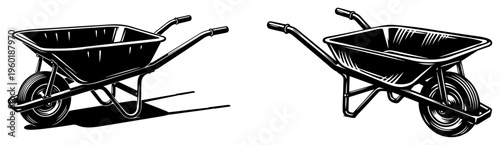 Industrial construction wheelbarrow silhouette set for gardening site equipment and manual labor tools