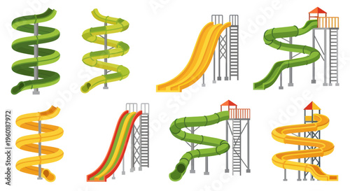 Set of Colorful Water Slides for Aquapark Fun and Summer Recreation