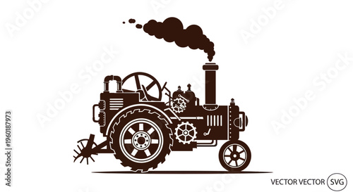 Vintage Steam Tractor Silhouette with Smoke, Agricultural Machine Illustration