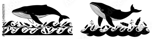 Whale in ocean filled with plastic waste and bottles for environmental pollution awareness and ecology design