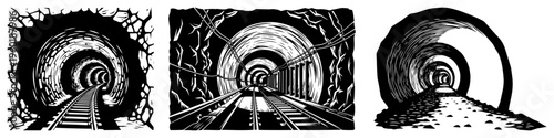 Railway tunnel perspective set with train tracks and stone underground passage for transportation and journey concept