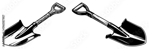 Metal shovel and spade tool silhouette set for gardening construction and manual labor equipment
