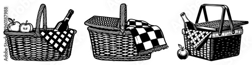 Picnic basket collection set with wine bottles and apples for outdoor summer dining and leisure concept