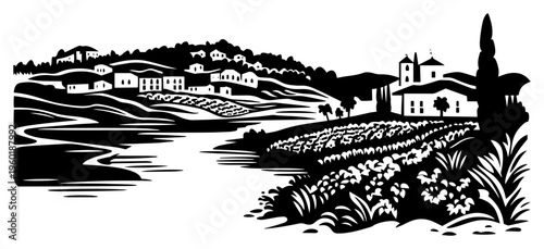 Mediterranean landscape silhouette with rolling hills village houses and water for travel and wine design