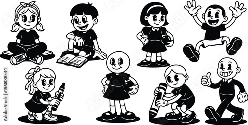 Retro cartoon children playing with crayons books and balls in black and white line art