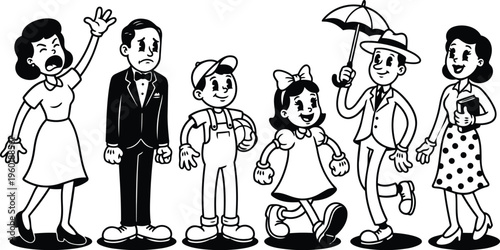 Retro 1950s black and white line art family walking lineup with umbrella bow and polka skirt