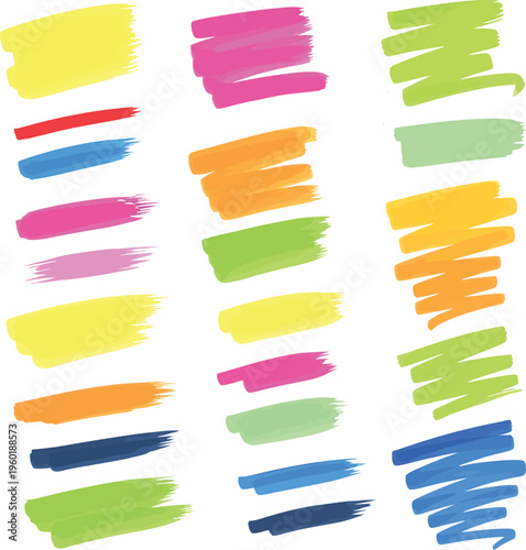 A vibrant collection of colorful brush strokes and highlighter marks arranged in rows on a clean white background high quality