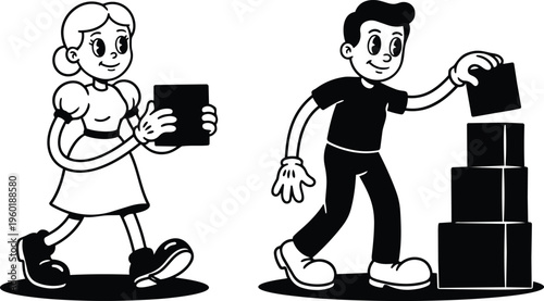Black and white children stacking blocks boy and girl holding square blocks line art