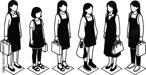 Line art women in aprons holding shopping bags standing on floor markers isometric black and white