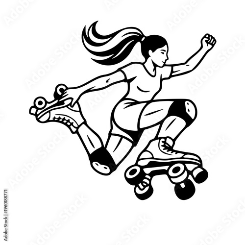 Dynamic Female Roller Skater Jumping Trick Vector Illustration, Inline Skating Sport Silhouette Design