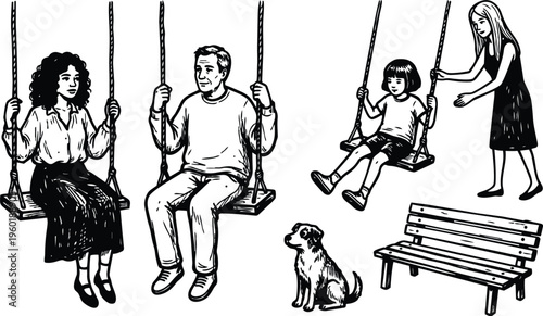 Black and white line art parents and child on swings with bench and dog