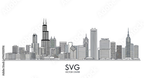 Chicago Skyline illustration - Hand Drawn Sketch of Famous Buildings