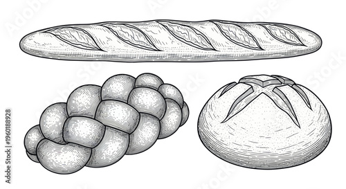 Artistic Sketch of Assorted Bread Types: Baguette, Braided Loaf, and Round Bread