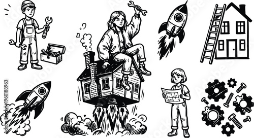 Line art woman sitting on rocket propelled house holding wrench surrounded by tools and rockets