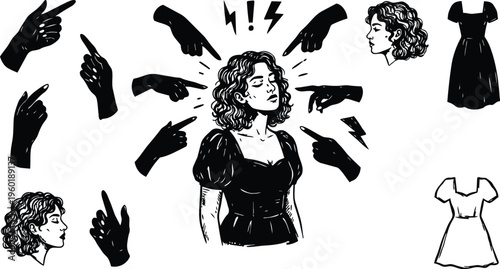 Black and white line art woman surrounded by pointing hands and lightning accents