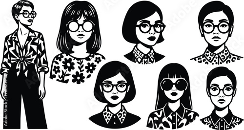 Black and white vector portraits of seven women wearing round glasses and patterned collars