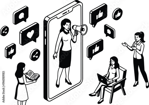 Line art woman with megaphone inside smartphone surrounded by like share icons and readers