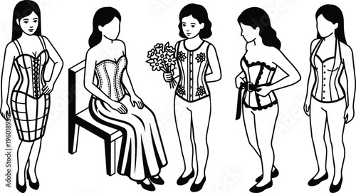 Line art corset fashion models in varied poses including seated woman holding bouquet black and white