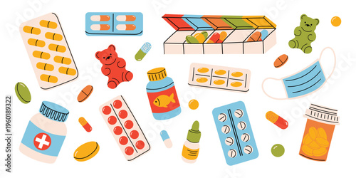 Medical pills collection. Set of capsules, tablets, blister packs, medicine bottles, gummy and pill organizer. Healthcare and pharmacy concept. Vector illustration isolated on white background.