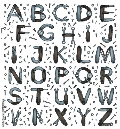 Creative English Alphabet Set Formed by Hand Tools, Pocket Knives, and Wrenches with Nuts and Bolts Background Vector Illustration