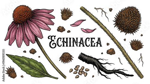 Detailed Echinacea Purpurea Botanical Illustration Set with Flower, Root, Seeds, and Leaves, Vintage Hand-Drawn Vector