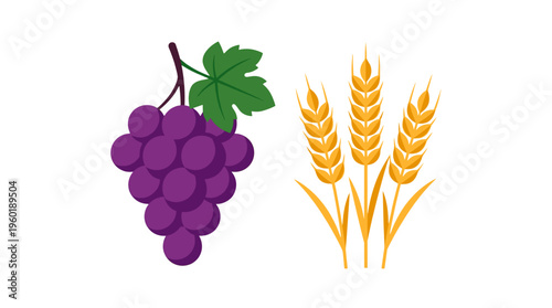 Freshly harvested grapes and wheat arranged side by side, symbolizing abundance and harvest season.