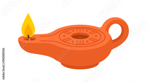 An ancient ceramic oil lamp illuminated by a flickering flame