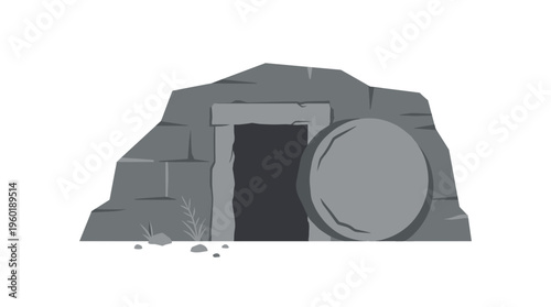 A grayscale illustration depicts a stone tomb with a large, round stone sealing the entrance