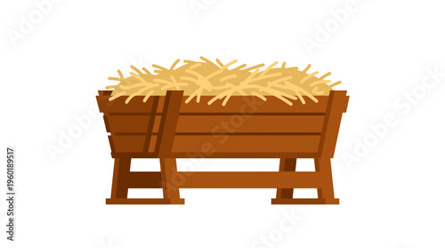 A rustic wooden manger filled with golden straw, a symbol of humility and simplicity