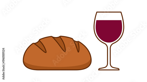 A loaf of bread and a glass of red wine, symbolising communion, are placed on the table