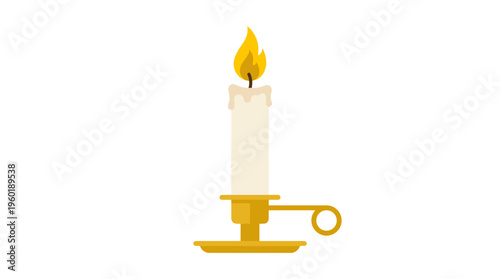 A lit candle with a golden holder against a plain backdrop. The candle emits a warm, inviting glow. 
