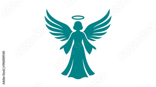 An angelic figure with wings and a halo, representing a spiritual and heavenly being. The illustration has a simple design and elegant silhouette