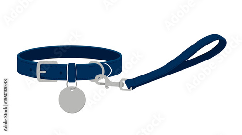 A close-up shot of a blue collar and leash with a round tag