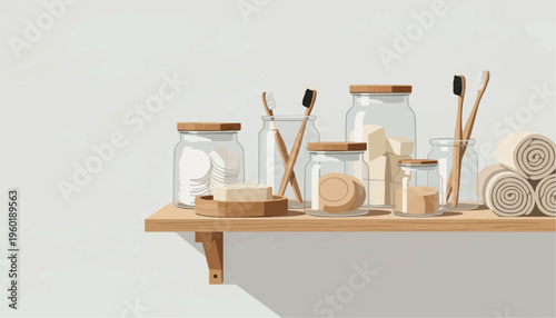 Minimalist bathroom shelf displaying jars, soap, and toothbrushes, sustainable household concept     