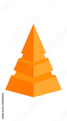 A geometric illustration of an orange pyramid, showcasing a clean and simple design. The pyramid is comprised of stacked, rectangular layers that taper toward the top, creating a pyramid shape.