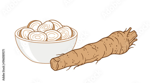 Fresh horseradish root with bowl of slices