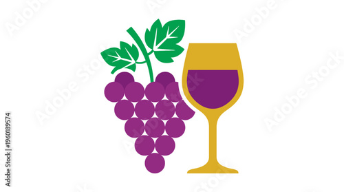 Elegant illustration of a glass of wine with grapes and leaves, perfect for wine-related projects or culinary themes. The illustration showcases a full glass of red wine alongside a bunch of fresh.