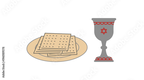 Passover Seder plate, Matzah and ceremonial goblet. This illustration captures the essence of the Jewish holiday