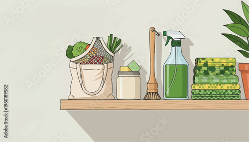 Kitchen shelf with reusable bag, cleaning supplies, and plants, sustainable household concept  