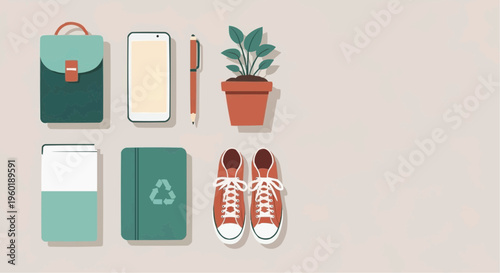 Office supplies and sneakers arranged on neutral background, sustainable household concept 