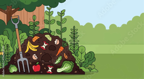 Compost pile with vegetables and gardening tools in green garden, sustainable household concept   