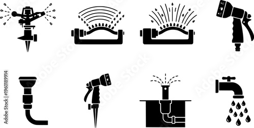 Garden irrigation line art set. Filled icon set of Garden irrigation line art set: pop up sprinkler head,
