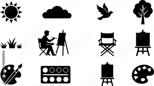 Clean line icon collection with park, bench, easel and outdoor creative elements.
