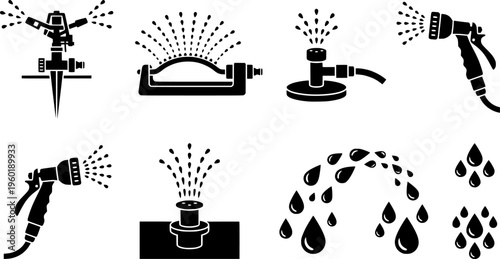 Garden irrigation line art set. Filled icon set of Garden irrigation line art set: pop up sprinkler head,
