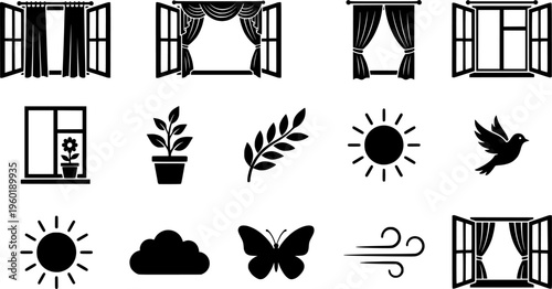 Minimal outline icon set with windows, curtains and decorative home elements.
