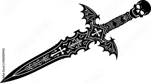 Ritual Knife Illustration. A top-down view of an occult altar focusing on a ritual knife placed diagonally,
