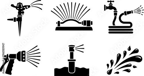 Garden irrigation line art set. Filled icon set of Garden irrigation line art set: pop up sprinkler head,
