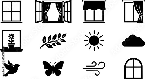 Minimal outline icon set with windows, curtains and decorative home elements.
